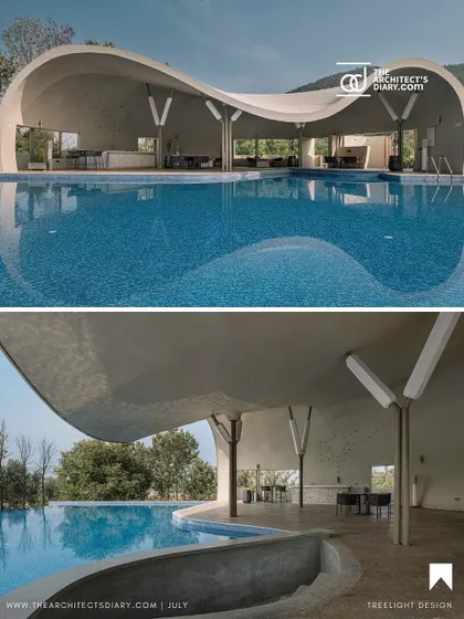 This composite image shows both the expansive view of the pool and a closer look at the underside of the curved roof structure. The design creates a dynamic interplay between the built form and the natural environment.