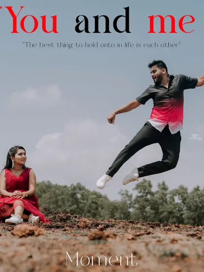 A playful jump captures the fun and excitement of this couple's pre-wedding session in a unique, arid location.