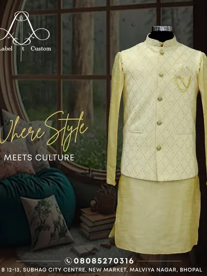 This image showcases a complete kurta and Bandi set in a soft yellow. The jacket has a delicate woven pattern and a small chain accessory, demonstrating how small details can elevate the entire outfit. This is a perfect look for a daytime wedding function or festive celebration.