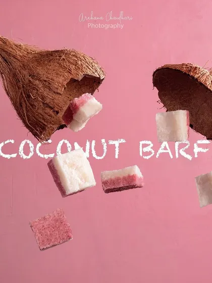 A creative levitation shot of Coconut Barfi. This playful and eye-catching technique is a fantastic way to make your product memorable and shareable on social media.