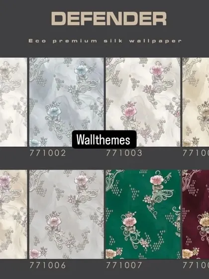 A catalog page displaying eight color options for a delicate floral damask wallpaper from the 'Defender' collection.
