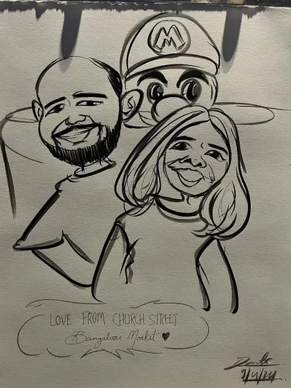 This fun couple's portrait includes a surprise appearance from Mario, showing I can incorporate fun themes.