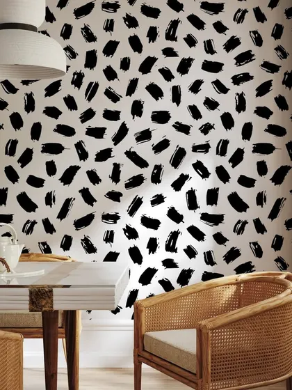 Our Black Grunge Stripes wallpaper adds an edgy and artistic flair to this dining area. The abstract brushstroke pattern is perfect for creating a modern and dynamic space.