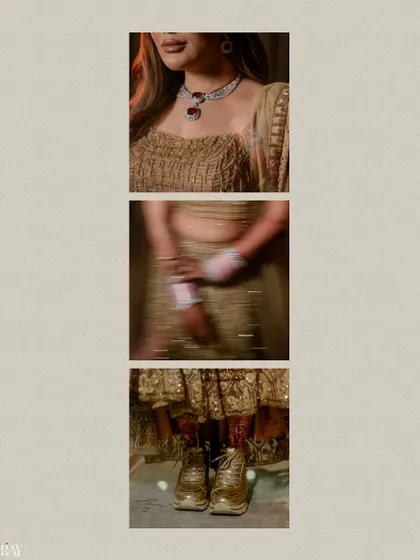 A creative collage focusing on the details of the bride's Sangeet look, from her jewelry to her cool golden sneakers.
