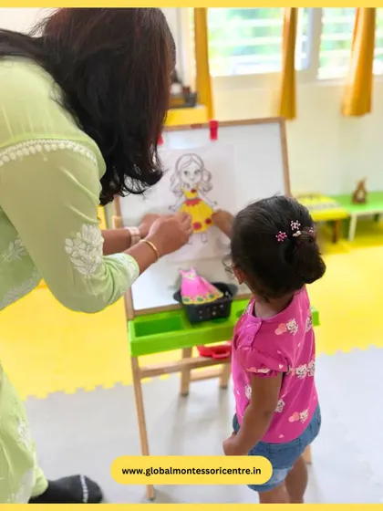 Our playgroup students enjoy a 'Dress Up' activity on the easel. This fun exercise works wonders for their fine motor skills and hand-eye coordination.