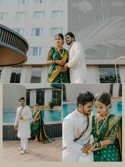 A series of couple portraits taken by the poolside, blending modern architecture with traditional Maharashtrian wedding attire.