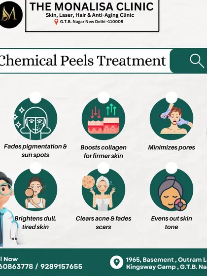 This infographic illustrates the multiple benefits of our chemical peels. The treatment fades pigmentation, boosts collagen, minimizes pores, brightens tired skin, and clears acne and scars.