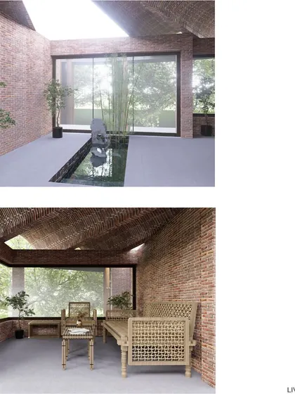 Interior renders for the farmhouse project, showing a hall with an internal water body and a living room with exposed kiln brick walls. The design aims for a minimal palette where the architectural form and natural materials are the focus.