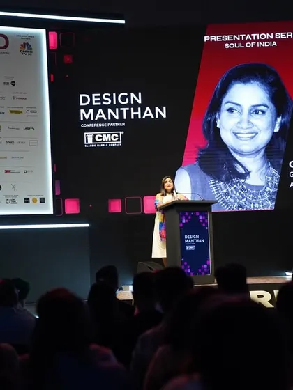 Gayathri Shetty on stage at the FOAID (Festival of Architecture & Interior Designing) conference, presenting on the "Soul of India." Sharing our vision on a national platform is an honor and a responsibility.