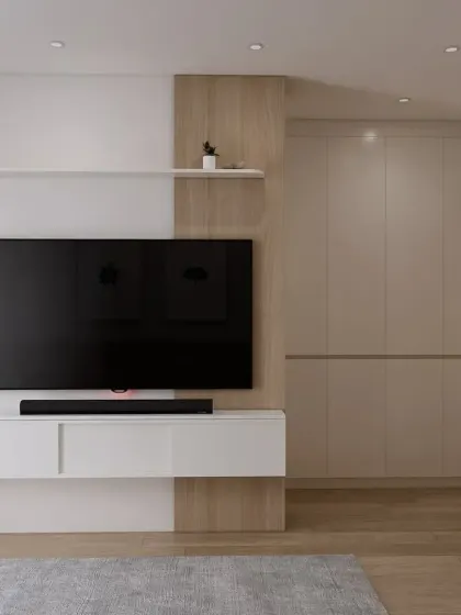 The full view of the TV and wardrobe wall, showing how seamlessly the storage is integrated into the room's design.
