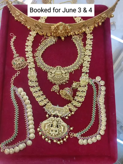 A client has booked this entire set of traditional temple jewellery for her wedding. The mix of kasu mala and temple necklaces creates a very grand look.