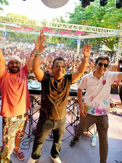 On stage with my brothers Martin D'Souza and DJ Jasmeet at the Holi at the Palace event. The crowd was massive and the vibe was perfect.