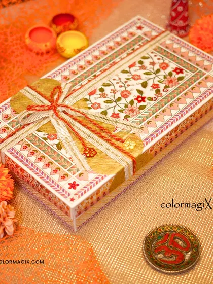 A close-up of the beautiful packaging of our floral-print Diwali box. The intricate design and quality materials make the box itself a cherished keepsake.