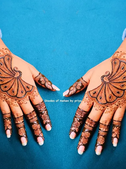 A unique peacock fan design on the back of the hands. This is a modern take on a very traditional motif.