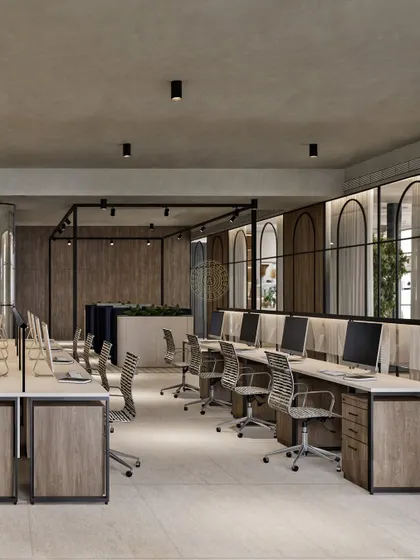 An open and collaborative workspace is key to a modern office. This render shows how we design ergonomic workstation layouts that feel light and practical for daily use, with glass partitions and wood tones to maintain an airy, connected atmosphere.
