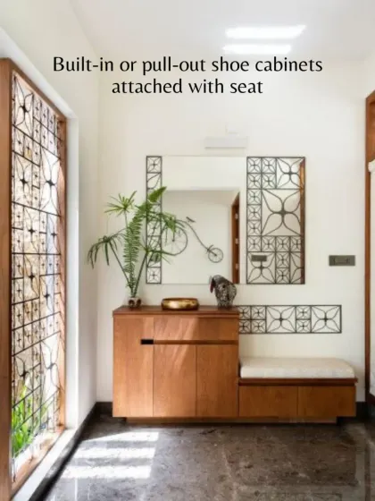 To solve the problem of scattered shoes at the entrance, we designed this built-in shoe cabinet with an attached seat. It's a practical and elegant solution for any Indian home.