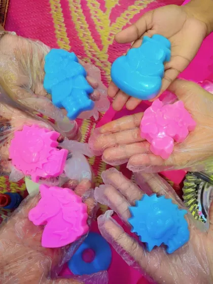 A handful of happiness from one of my soap-making workshops for kids. They were so excited to create their own colorful soaps in fun shapes like unicorns and dinosaurs.