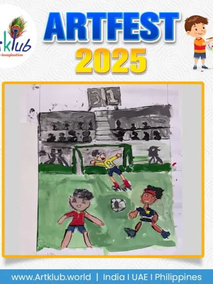 A dramatic football scene showing a goalie making a save. This senior artist used a monochromatic palette for the crowd to make the players on the field stand out.