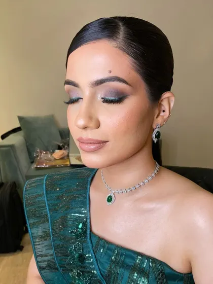 Another angle of the green smokey eye, showing how beautifully it's blended. This look is perfect for a sangeet or cocktail party.