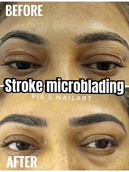 A classic before and after of a stroke microblading treatment. The goal was to create natural, fluffy-looking eyebrows, and the result is a fuller, more defined shape that looks completely natural.