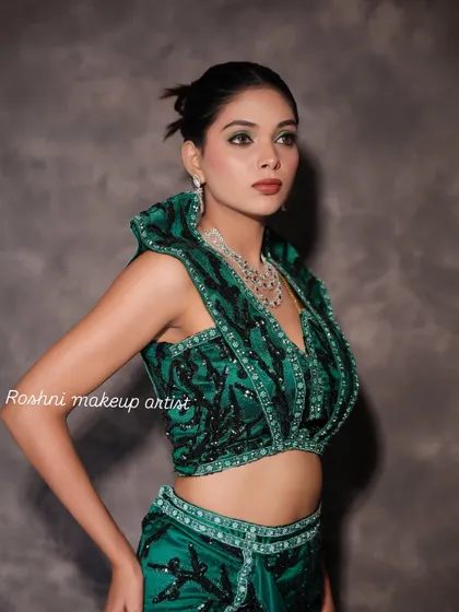 The model posing in the studio.