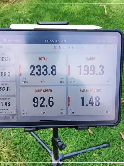 Taking the tech outdoors. Here is the TrackMan tablet display on the course, showing real-world data like club speed and carry distance.