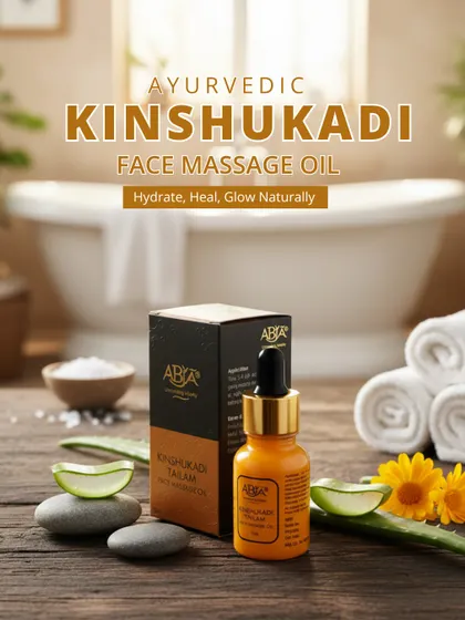 My Ayurvedic Kinshukadi Face Massage Oil, pictured in a serene bathroom setting, is designed to hydrate, heal, and help you glow naturally.