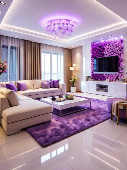 A luxurious living room with a soft purple theme. The flower wall behind the TV and the crystal-style chandelier add unique, high-end touches.