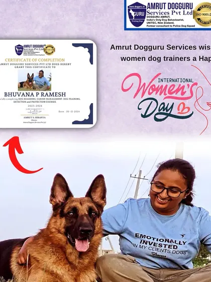 I am proud to see more women building careers in dog training. Here is one of our certified trainers, Bhuvana, with her certificate of completion. We celebrate the dedication of all our female trainers.