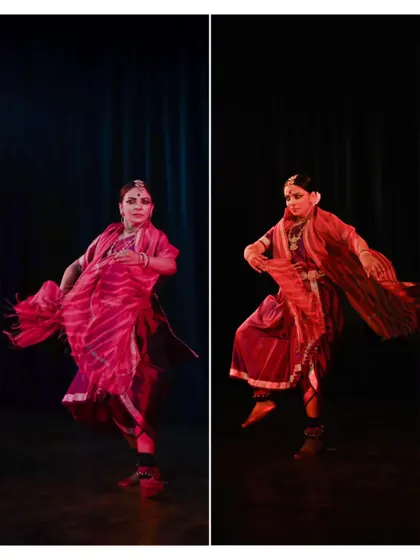 Two distinct moments from Sandhya Udupa's performance, showcasing her versatility.