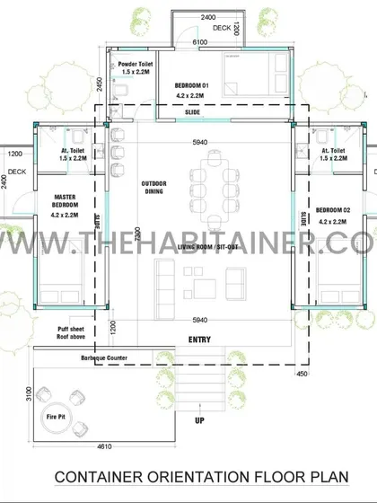 The floor plan for the 3BHK container home, detailing the layout of the bedrooms and living spaces.