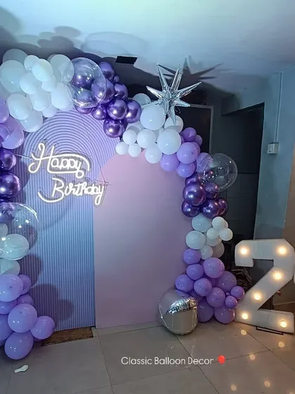 The complete 24th birthday decoration, showing the beautiful arch, custom backdrop, and light-up numbers.