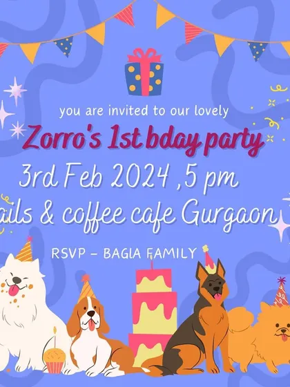 An invitation to Zorro the Golden Retriever's first birthday party. Every celebration at Tails & Coffee is a community event filled with joy and wagging tails.