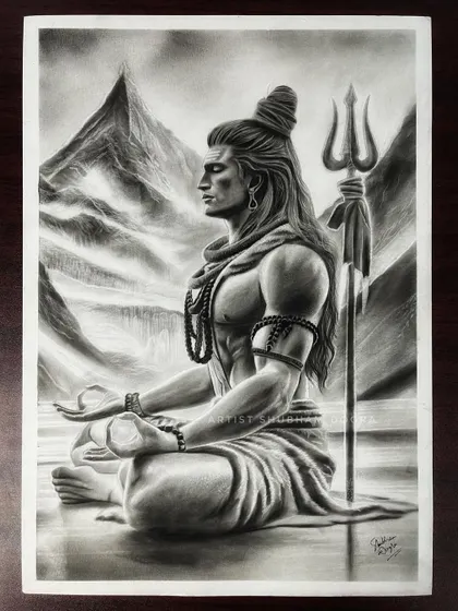 A powerful charcoal drawing of Lord Shiva in meditation. I focus on capturing the serene yet intense energy of spiritual figures, creating pieces that bring a sense of peace and strength to any space.