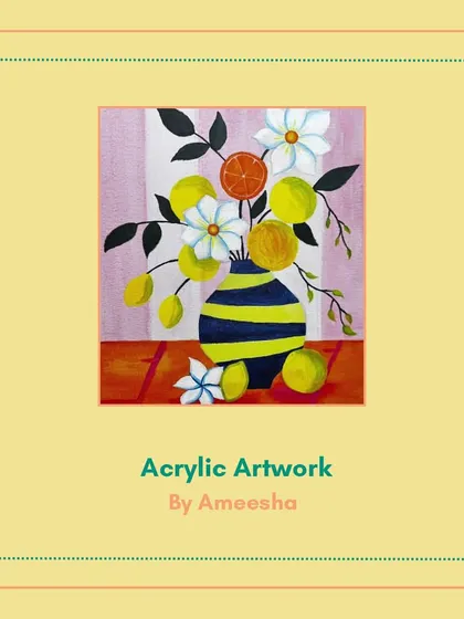 A vibrant and modern still life in acrylics by Ameesha. Her use of color and pattern in the vase adds a playful touch to the piece.