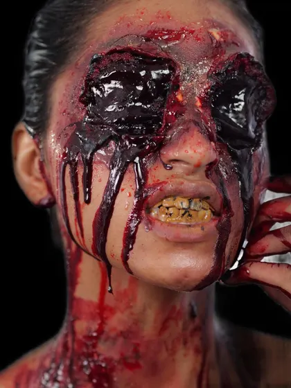 A chilling "missing eye" SFX look. These images showcase the graphic and gory details of horror makeup, a specialized skill I teach for film and Halloween projects.