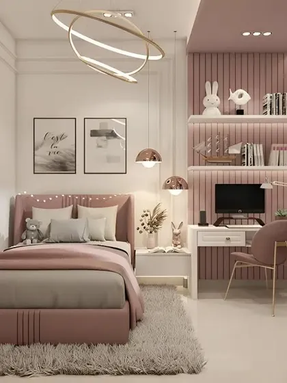 This pink-themed bedroom includes a compact study desk right next to the bed, showing how I integrate different functions into one space.