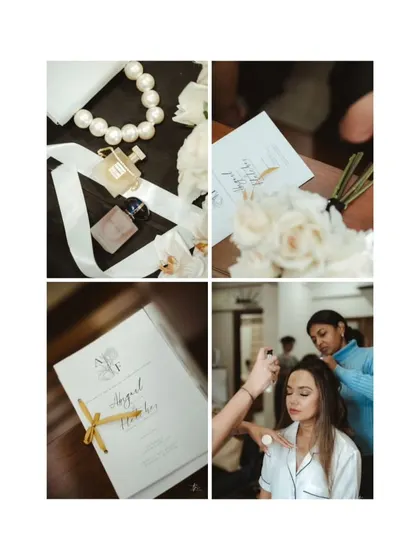 A collage of beautiful getting-ready details, including the bride's perfume, pearls, and the wedding invitation, alongside a candid moment of her with her hairstylist.