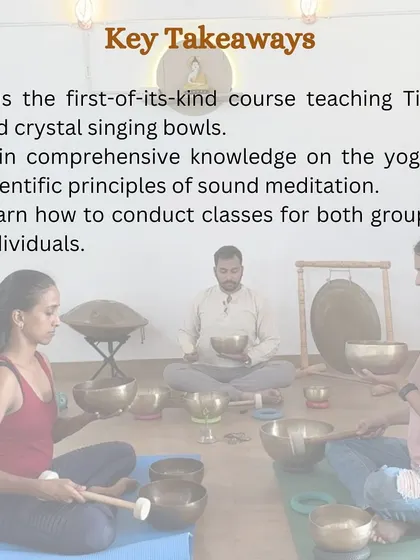 This graphic highlights the key takeaways from my certification course. It is a first-of-its-kind program teaching both Tibetan and crystal singing bowls, with a focus on yogic and scientific principles.