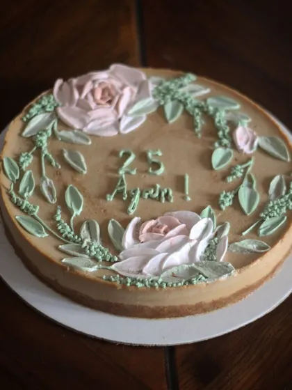 A palette knife painted floral boozy coffee baked yogurt cake for a lady who is celebrating turning 25 for the second time! I love creating fun, custom designs for any milestone.
