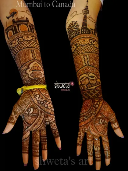 Your mehendi can tell your story. For this bride, I illustrated her journey from Mumbai to Canada, featuring landmarks like the Gateway of India and the CN Tower. Everything is possible!