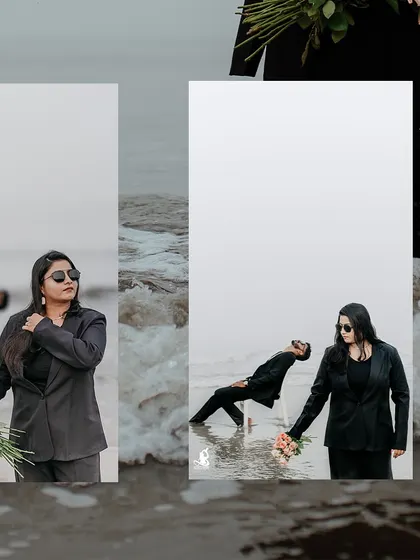 An artistic and unconventional pose from a beach pre-wedding shoot, showcasing creativity and trust.