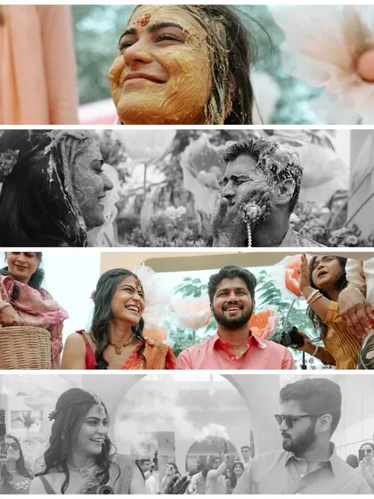 A moodboard capturing the essence of a pastel-themed Haldi. It shows the joy, the colors, the playful moments, and the beautiful decor that came together to create a picture-perfect event.