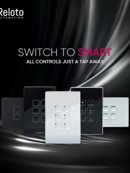 We offer a diverse collection of smart switches to match any interior style. This image showcases a variety of our panels, from multi-button glass plates to simpler designs, all providing one-tap control.