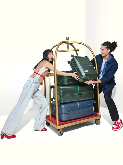 A playful and interactive shot for the Urban Jungle campaign. The makeup on both models is natural and fresh, fitting the fun, travel-oriented storyline of the advertisement.