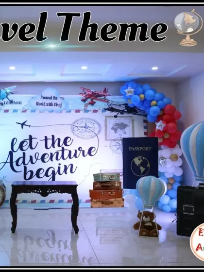 The complete travel theme setup, showcasing all the different props and decor elements.