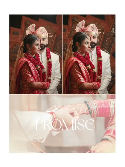 A collage focusing on the promise of marriage, with portraits of the couple and a close-up of them holding hands.