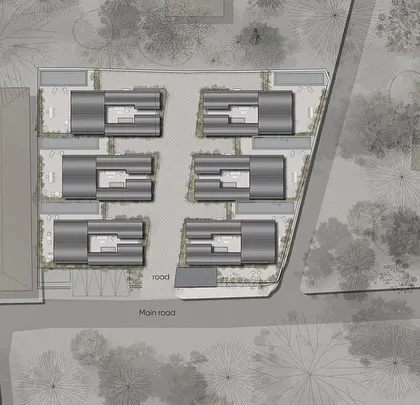 The master plan for the Vagator Villas project. This drawing shows the arrangement of the six homes, each with its own pool and garden, designed to create a cohesive yet private community that blends with the Goan landscape.