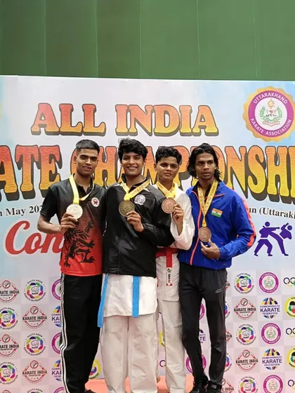 The U21 medalists on the podium at the All India Karate Championship, with Harshit taking the top spot.