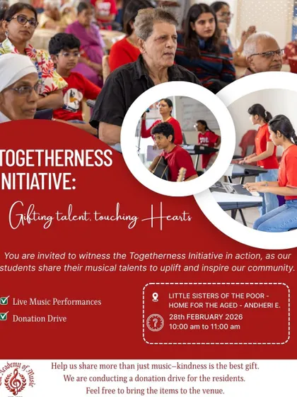 Our 'Togetherness Initiative' is at the heart of our mission. This poster announces one of our outreach events, where students perform live for the residents of The Little Sisters of the Poor. It's an opportunity for our students to share their talent and for us to give back to the community through music and donation drives.